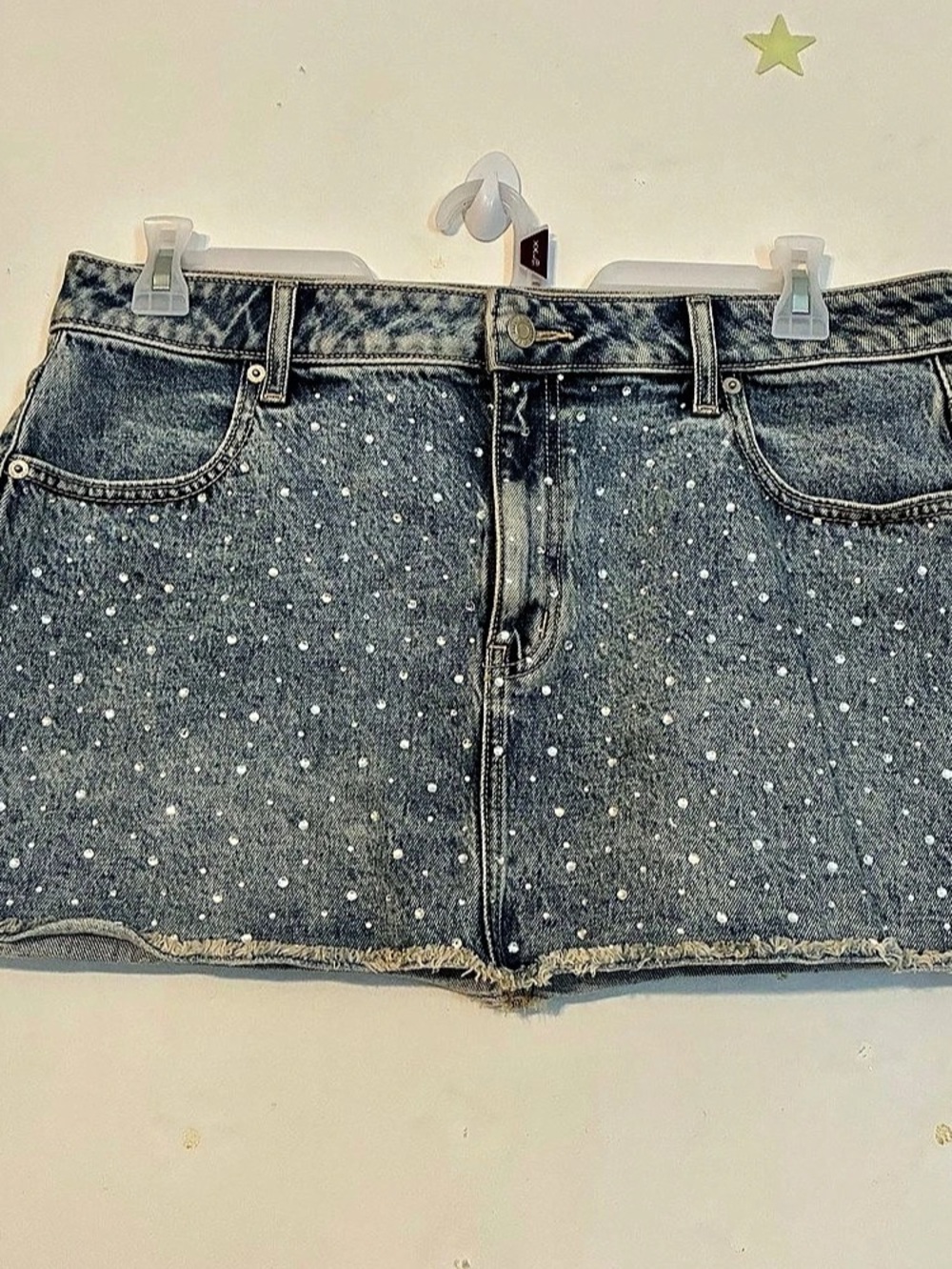 NWOT Pink Denim by PINK Mini Jean Skirt, Denim Diamante Rhinestone Denim Size L